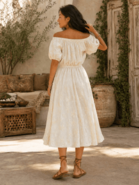 WOMEN'S SHORT SLEEVE OFF SHOULDER FRONT POCKETS STITCHED DEATILED MAXI DRESS