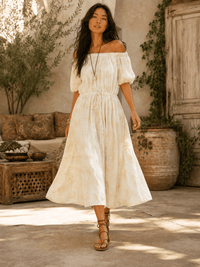 WOMEN'S SHORT SLEEVE OFF SHOULDER FRONT POCKETS STITCHED DEATILED MAXI DRESS
