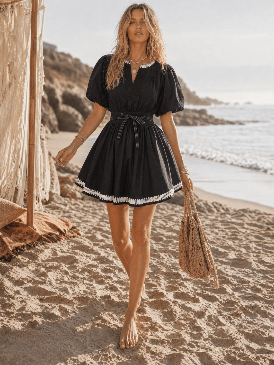 WOMEN'S SHORT PUFF SLEEVE V-NECK SMOCK WAIST POCKETS FIT & FLARE MINI   Wholesalefashiontrends.com