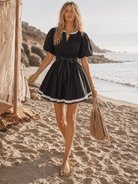 WOMEN'S SHORT PUFF SLEEVE V-NECK SMOCK WAIST POCKETS FIT & FLARE MINI DRESS
