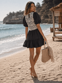 WOMEN'S SHORT PUFF SLEEVE POCKETS CROCHET FIT & FLARE MINI DRESS
