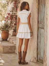 WOMEN'S RUFFLE SLEEVE V-NECK ELASTIC WAIST TIERED MINI DRESS
