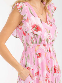 WOMEN'S RUFFLE SLEEVE V-NECK FRONT POCKETS SMOCK WAIST FLORAL MAXI DRESS
