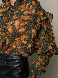 WOMEN'S LONG SLEEVE NECK TIE RUFFLE FLORAL BLOUSE TOP