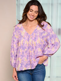 WOMEN'S LONG SLEEVE V-NECK MULTI PRINT BLOUSE TOP