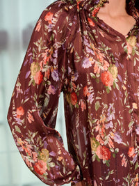 WOMEN'S LONG SLEEVE V-NECK FLOWER PRINT BLOUSE TOP