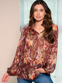 WOMEN'S LONG SLEEVE V-NECK FLOWER PRINT BLOUSE TOP