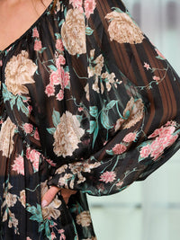 WOMEN'S LONG SLEEVE V-NECK FLOWER PRINT TUNIC BLOUSE TOP