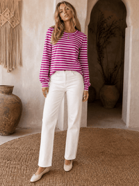 WOMEN'S LONG PUFF SLEEVE COLORBLOCK STRIPES BLOUSE