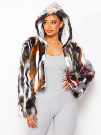 WOMEN'S LONG SLEEVE ZIP UP MULTI COLOR HOODED FAUX FUR JACKET