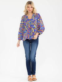 WOMEN'S LONG SLEEVE V-NECK MULTI PRINT BLOUSE