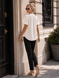 WOMEN'S SHORT BUBBLE SLEEVE V-NECK SHIMMER BLOUSE