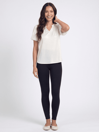 WOMEN'S SHORT BUBBLE SLEEVE V-NECK SHIMMER BLOUSE