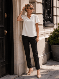 WOMEN'S SHORT BUBBLE SLEEVE V-NECK SHIMMER BLOUSE