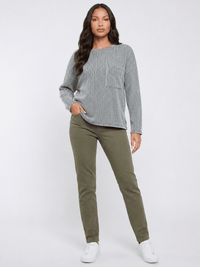 WOMEN'S LONG SLEEVE FRONT POCKET RIBBED TOP