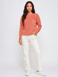 WOMEN'S LONG SLEEVE FRONT POCKET RIBBED TOP