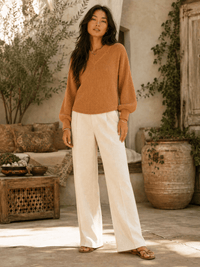 WOMEN'S LONG PUFF SLEEVE V-NECK RIBBED BLOUSE