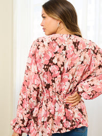 WOMEN'S LONG SLEEVE V-NECK ADJUSTABLE WAIST FLORAL BLOUSE TOP