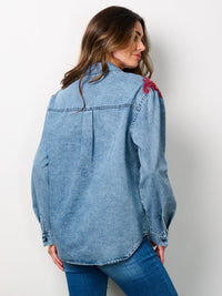 WOMEN'S LONG SLEEVE BUTTON UP FLORAL EMBROIDERY STUDS DETAILED DENIM TOP