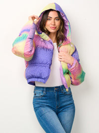 WOMEN'S LONG SLEEVE ZIP UP HOODED MULTI COLOR PUFFER JACKET
