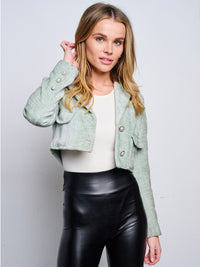 WOMEN'S LONG SLEEVE BUTTON CLOSURE FRONT POCKETS CROP BLAZER
