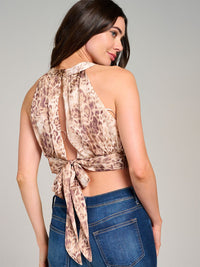 WOMEN'S SLEEVELESS HALTER NECK OPEN BACK PRINTED CROP TOP