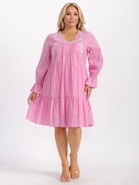 PLUS SIZE LONG SLEEVE V-NECK TUNIC TIERED LOOSE FIT FLORAL EMBROIDERY MINI DRESS