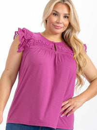 PLUS SIZE RUFFLE SLEEVES V-NECK CROCHET BLOUSE