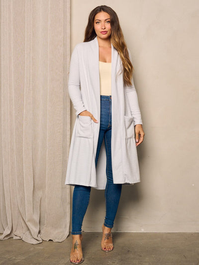WOMEN'S LONG SLEEVE OPEN FRONT POCKETS RIBBED CARDIGAN
