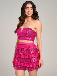 WOMEN'S SLEEVELESS CROP TOP & RUFFLE TIERED MINI SKIRT SEQUINS 2PC. SET