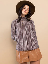 WOMEN'S LONG SLEEVE MOCK NECK STRIPES BLOUSE TOP