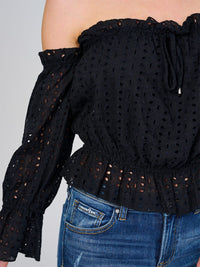 WOMEN'S OFF SHOULSER LONG SLEEVE ELASTIC WAIST EYELET TOP