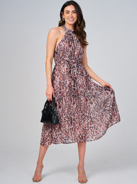 WOMEN'S SLEEVELESS HALTER NECK SELF TIE ANIMAL PRINT MIDI DRESS