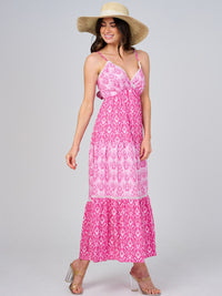 WOMEN'S SLEEVELES SURPLICE OPEN BACK TIERED MULTI PRINT MAXI DRESS