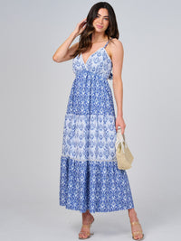 WOMEN'S SLEEVELES SURPLICE OPEN BACK TIERED MULTI PRINT MAXI DRESS