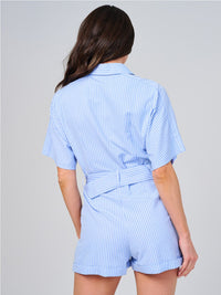 WOMEN'S SHORT SLEEVE BUTTON UP FRONT POCKETS STRIPES ROMPER
