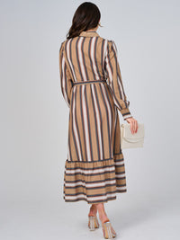 WOMEN'S LONG SLEEVE BUTTON UP FRONT POCKETS COLORBLOCK STRIPES MAXI DRESS