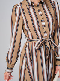 WOMEN'S LONG SLEEVE BUTTON UP FRONT POCKETS COLORBLOCK STRIPES MAXI DRESS