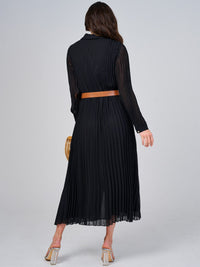WOMEN'S LONG SLEEVE BUTTON UP BELTED PLEATED MAXI DRESS
