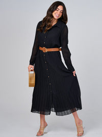 WOMEN'S LONG SLEEVE BUTTON UP BELTED PLEATED MAXI DRESS