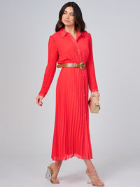 WOMEN'S LONG SLEEVE BUTTON UP BELTED PLEATED MAXI DRESS