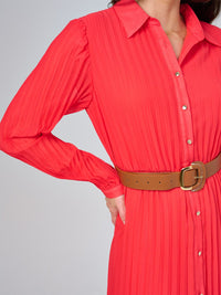 WOMEN'S LONG SLEEVE BUTTON UP BELTED PLEATED MAXI DRESS