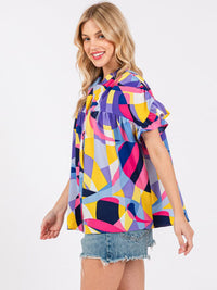 WOMEN'S SHORT SLEEVE BUTTON UP MULTI PRINT TUNIC BLOUSE TOP