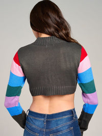 WOMEN'S LONG SLEEVE BUTTON CLOSURE COLORBLOCK KNIT CROP TOP