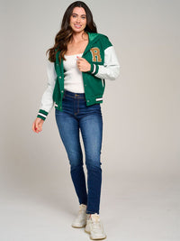 WOMEN'S LONG SLEEVE BUTTON CLOSURE POCKETS HOODED VARSITY JACKET