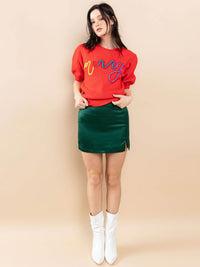 WOMEN'S SHORT PUFF SLEEVE GRAPHIC DETAILED BLOUSE