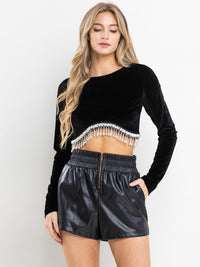 WOMEN'S LONG SLEEVE FRINGE PEARLS VELVET CROP TOP