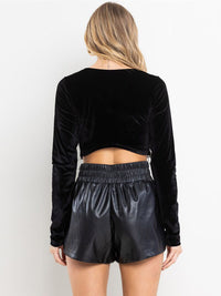 WOMEN'S LONG SLEEVE FRINGE PEARLS VELVET CROP TOP