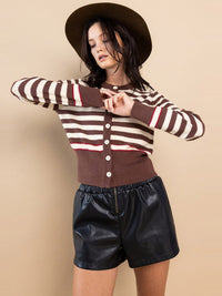WOMEN'S LONG SLEEVE BUTTON CLOSURE STRIPES COLORBLOCK TOP