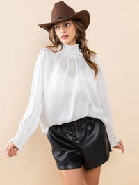 WOMEN'S LONG SLEEVE TURTLE NECK SOLID SATIN BLOUSE TOP